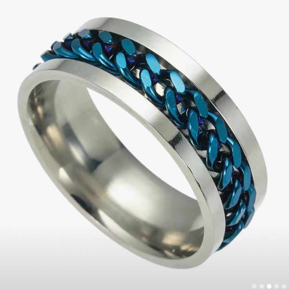 NWT - Men’s Stainless Steel Rotating Ring (Titanium Mimic / Silver Alloy Blue)